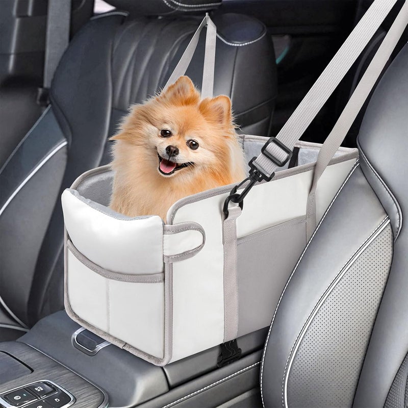 NECKORY Portable Dog Car Seat for Small Dogs - Pet Booster Seat with Safety Leash, Adjustable Straps, Washable Cushion & Storage Pocket - Center Console Puppy Car Seat for Travel - Beige - Image 1